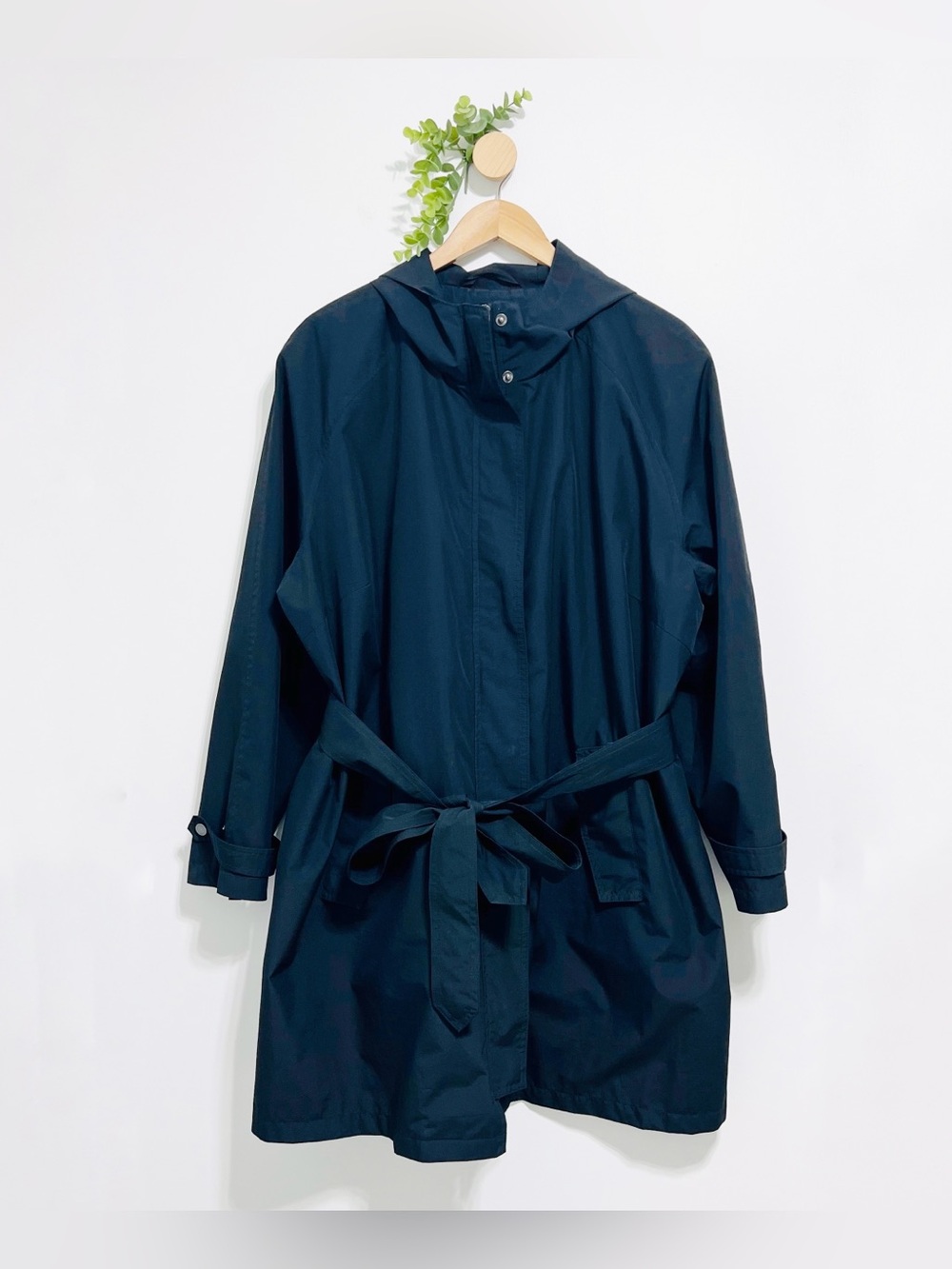 Lands End Black Hooded Lined Hooded Belted Rain Coat
